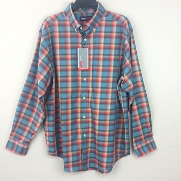 Round Tree & York Men smart  blue brown red plaid long sleeve button up shirt L - Picture 1 of 9